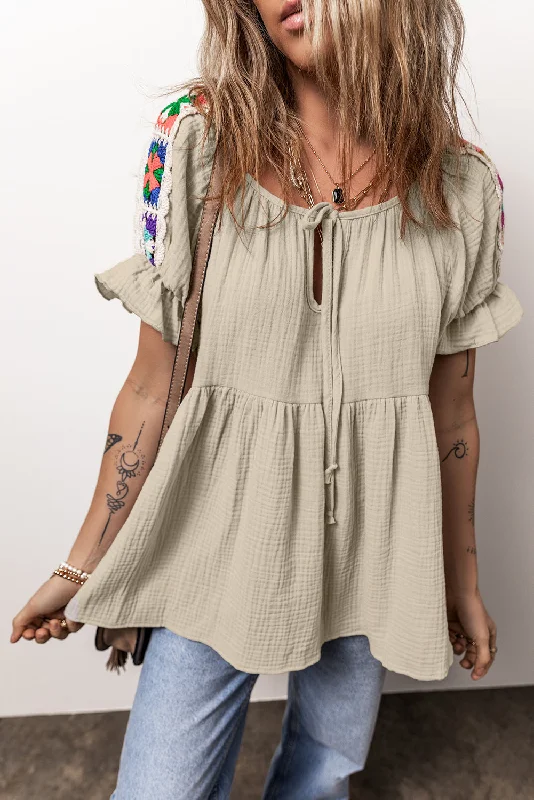 Blouses & Shirts for office workers-Embroidered Tie Neck Short Sleeve Blouse