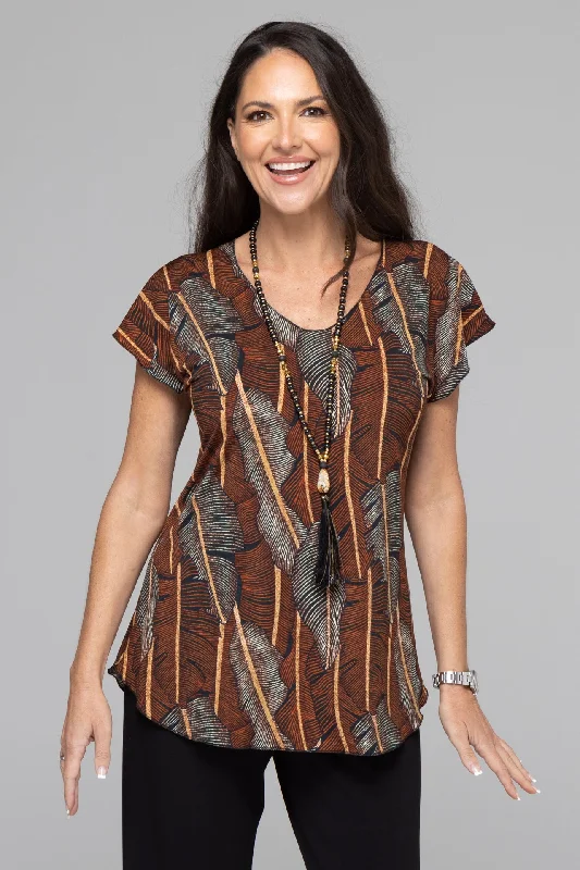 Trendy off-shoulder Blouses & Shirts for beach days-Oak Print Short Sleeve Jersey Top