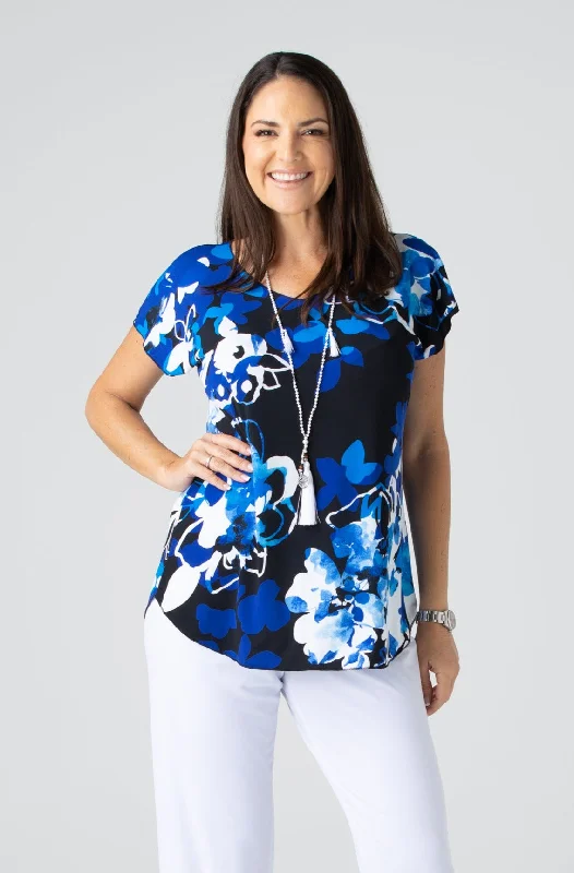 Trendy long-sleeve Blouses & Shirts for cool weather-Indigo Print Short Sleeve Jersey Top