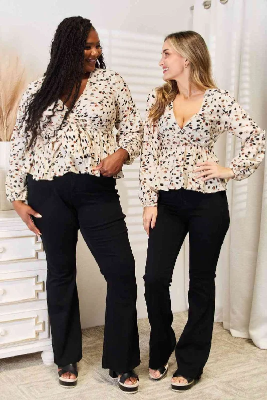 Blouses & Shirts with draped sleeves-Printed Tied Plunge Peplum Blouse