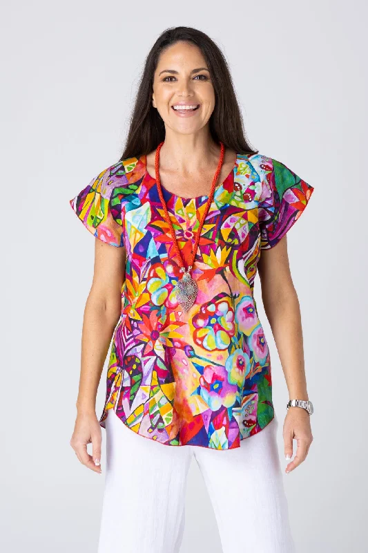 Blouses & Shirts for smart casual looks-Calypso Print Short Sleeve 100% Linen Top