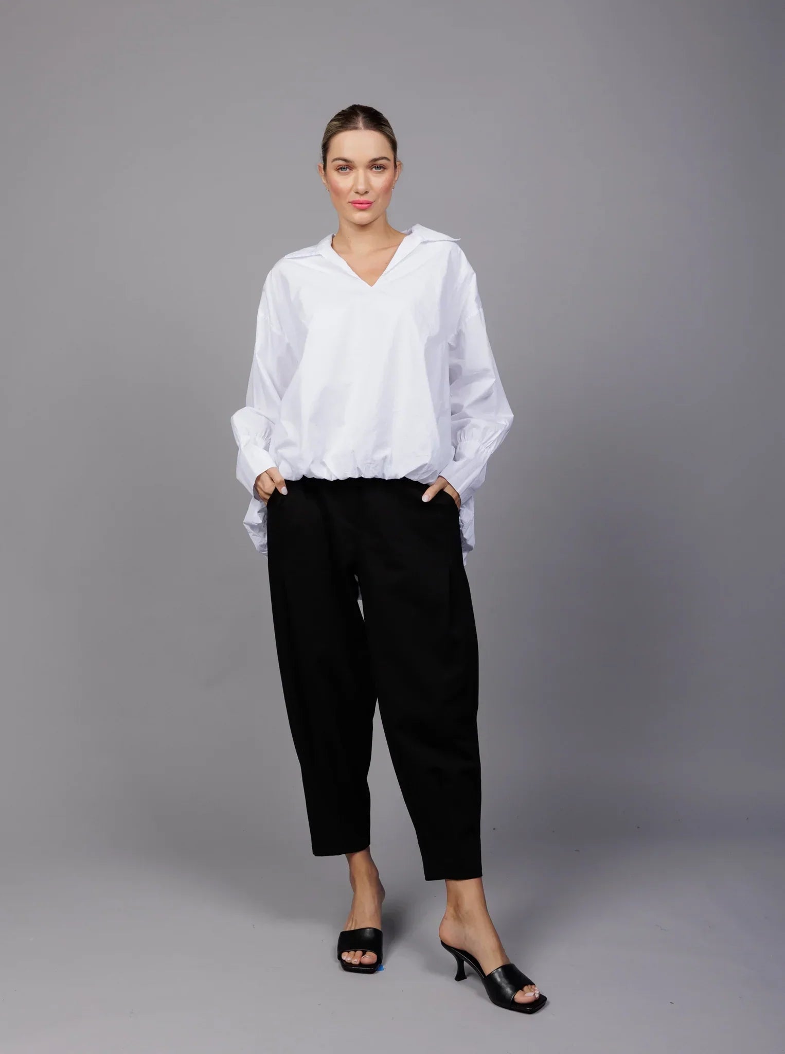 Blouses & Shirts with scalloped hems-Paolo Tricot, SM5557 Collared Pull On Blouson Shirt White