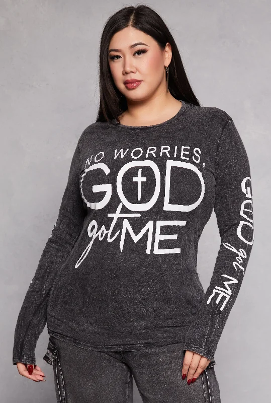 College T Shirts-Plus Size God Got Me Acid Wash Graphic Tee