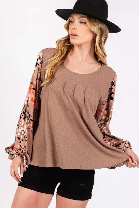 Lightweight Blouses & Shirts for summer fashion-Brown Floral Long Sleeve Front Pleated Detail Blouse (Online Exclusive)