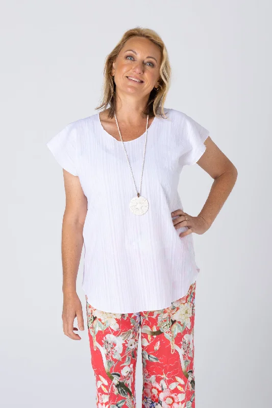 Elegant Blouses & Shirts for chic office wear-White Print Short Sleeve Cotton Top