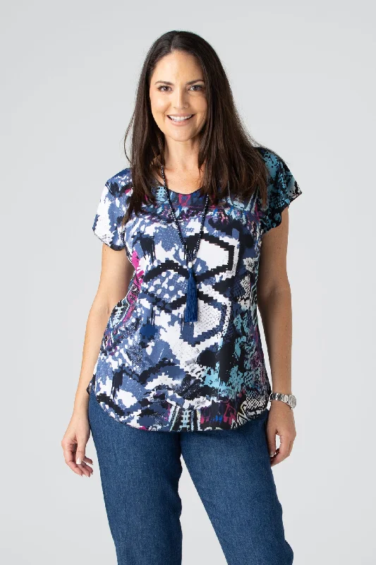 Blouses & Shirts with bright colors for summer-Graffiti Print Short Sleeve Jersey Top