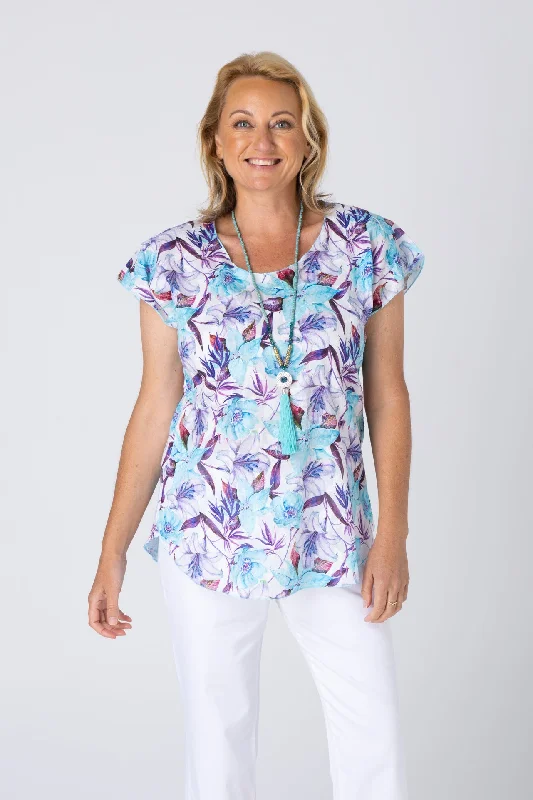 Casual Blouses & Shirts with patterned designs-Crystal Print Short Sleeve Non-Crush Jacquard Cotton Top