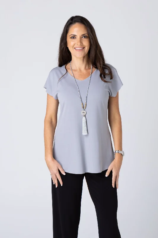 Silk Blouses & Shirts for work-Pewter Microfibre Jersey Short Sleeve Top