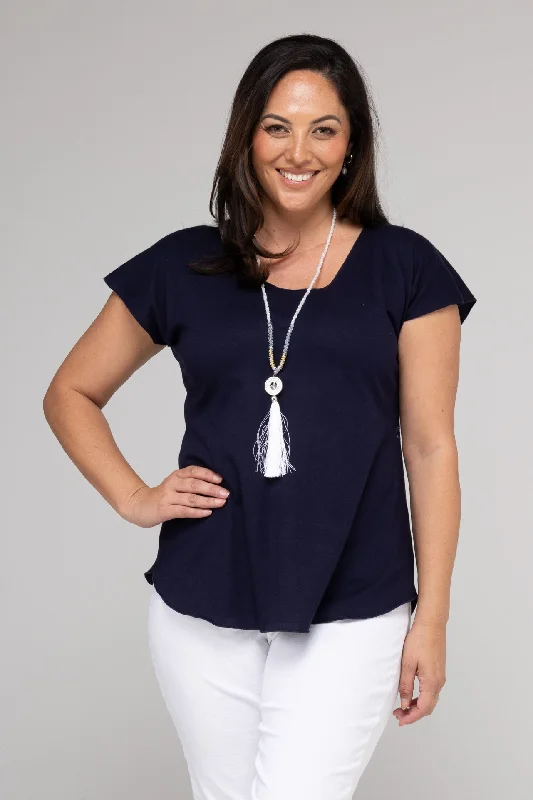 Casual long-sleeve Blouses & Shirts-Navy Short Sleeve Cotton Knit Top