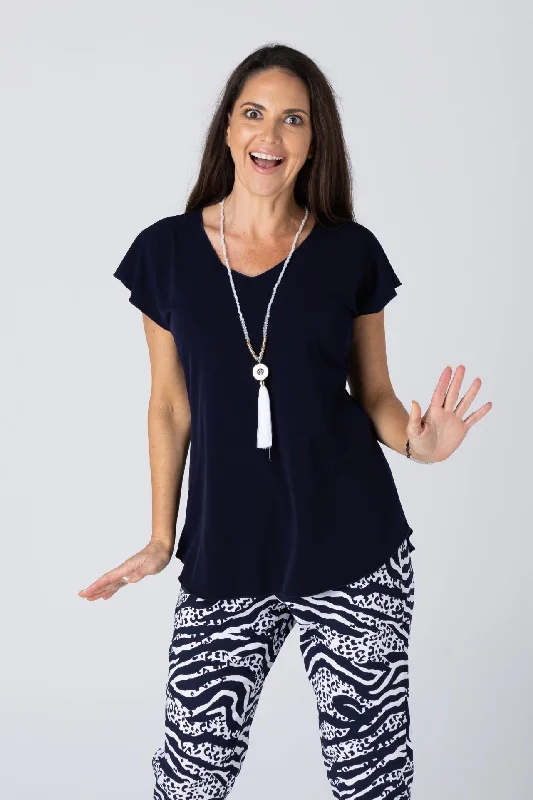 Soft Blouses & Shirts with intricate fabric patterns-Ink Navy Microfibre Short Sleeve Top