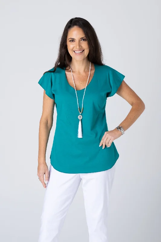 Blouses & Shirts for business casual outfits-Teal Short Sleeve Cotton Sports Knit Top