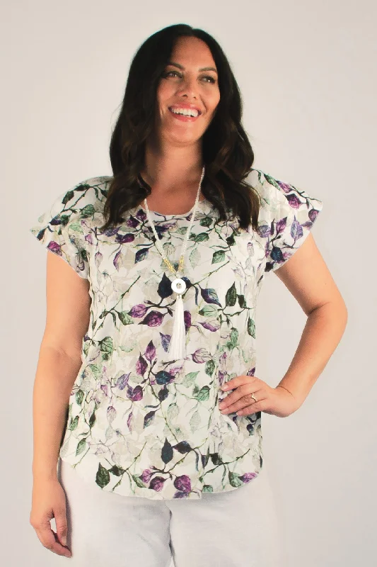 Blouses & Shirts with patterned cuffs-Vine Print Short Sleeve Linen Top