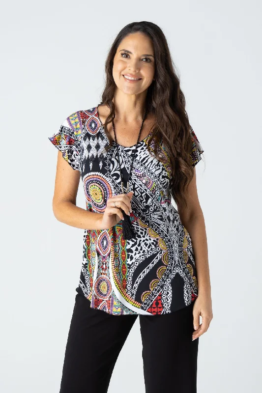 Blouses & Shirts with chic pleated details-Aztec Print Short Sleeve Jersey Top