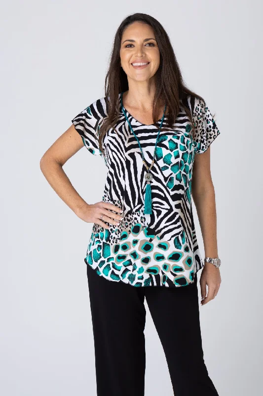 Soft satin Blouses & Shirts for stylish outfits-Emerald Print Short Sleeve Jersey Top