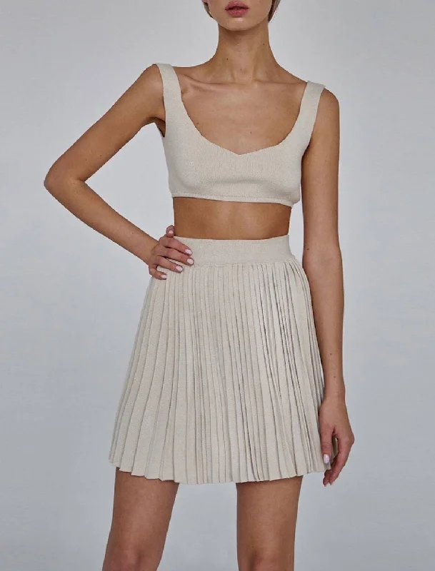 Pleated Summer Skirts-Women's High-Waisted Skirts-Pleated Skirt and Short Top Knit Set