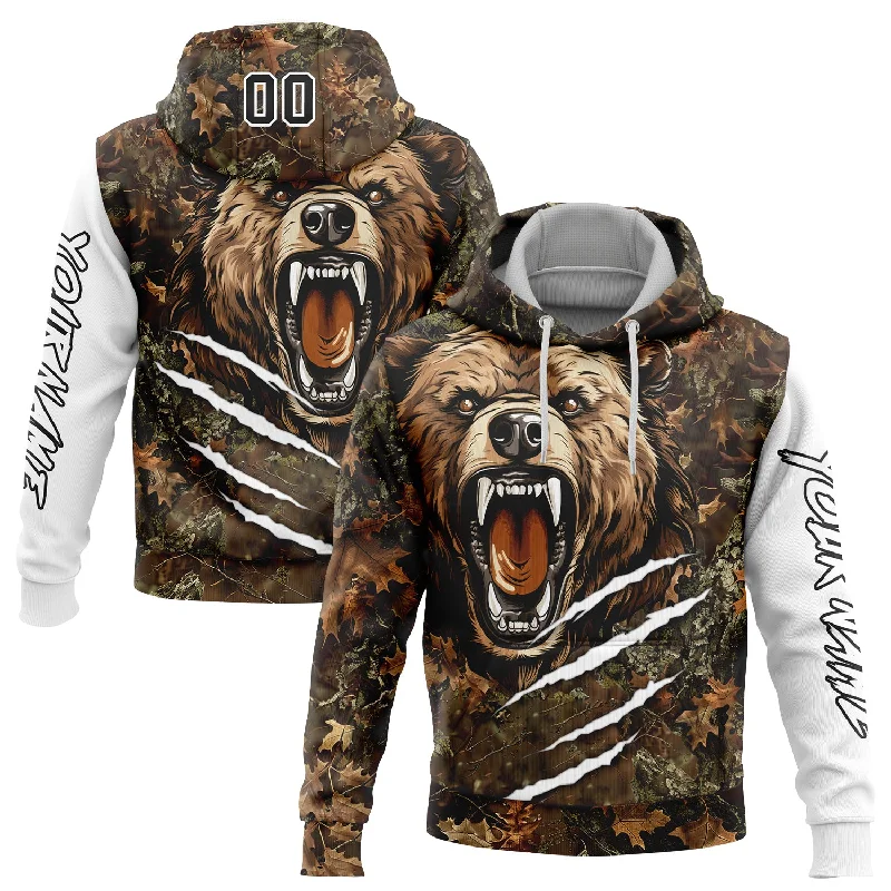 Hoodie with Slim Fit for Sleek Look-Women's Funnel Neck Hoodies-Custom Stitched Camo Black-White 3D Bear Hunting Sports Pullover Sweatshirt Hoodie