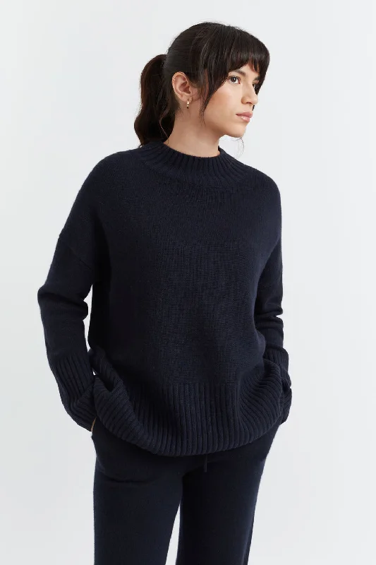 Ribbed Cashmere Pullover Sweater-Women's Low-Waisted Ruffle Pullovers-Navy Cashmere Comfort Sweater