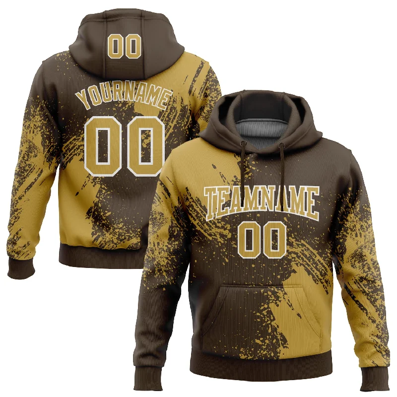 Hoodie for Weekend Fun and Relaxation-Women's Kangaroo Pocket Hoodies-Custom Stitched Brown Old Gold-White 3D Pattern Design Abstract Brush Stroke Sports Pullover Sweatshirt Hoodie