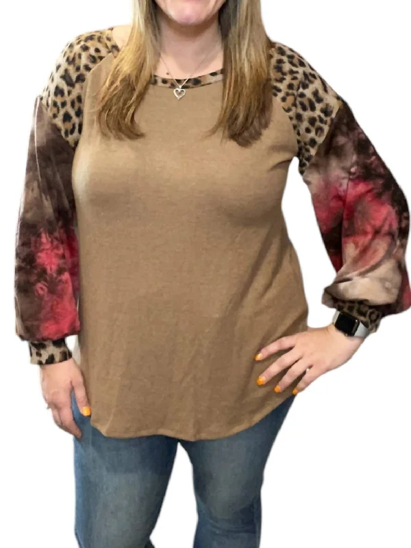 Trendy Pullover Sweater-Women's Hooded Pullovers-Leopard Tie Dye Puff Sweater In Brown