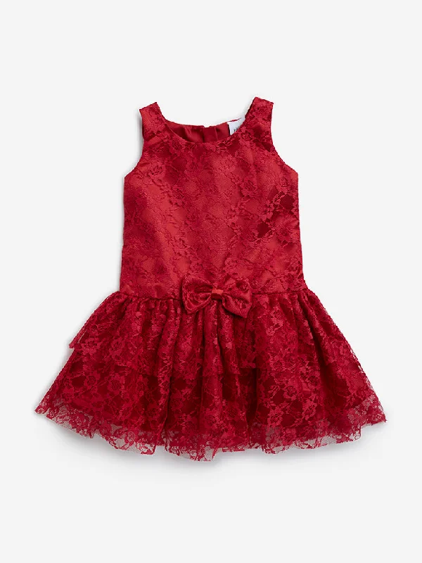 HOP Kids Red Lace Embroidered A-Line Dress