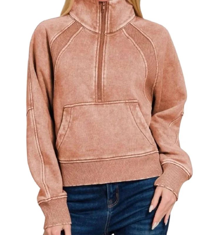 Winter Pullover Sweater-Women's Floral Pullovers-Alice Half Zip Fleece Pullover Sweater In Rust