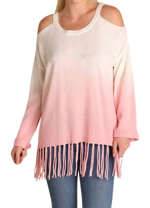 Casual Ribbed Pullover Sweater-Women's Lace Floral Pullovers-Ombre Cold Shoulder Fringe Sweater - Plus In Rose