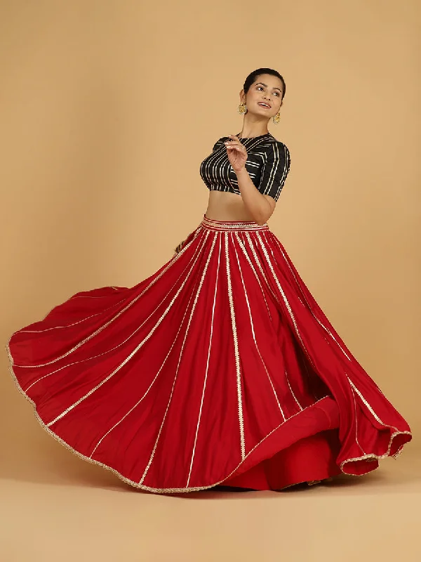 Woolen Skirts for Women-Women's Ruffle Skirts-Madhuri x Tyohaar | Scarlet Red Panelled Lehenga Skirt