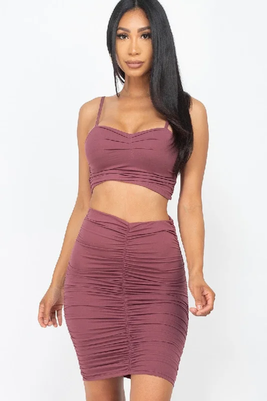 Sequin Skirts-Women's Button-Front Ruffle Skirts-Light Plum Ruched Cropped Cami & Skirt Set