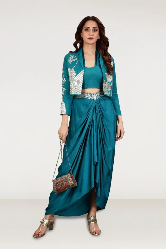 Printed Long Skirts-Women's Button-Front A-Line Skirts-Teal Embellished Satin Silk Draped Skirt Set