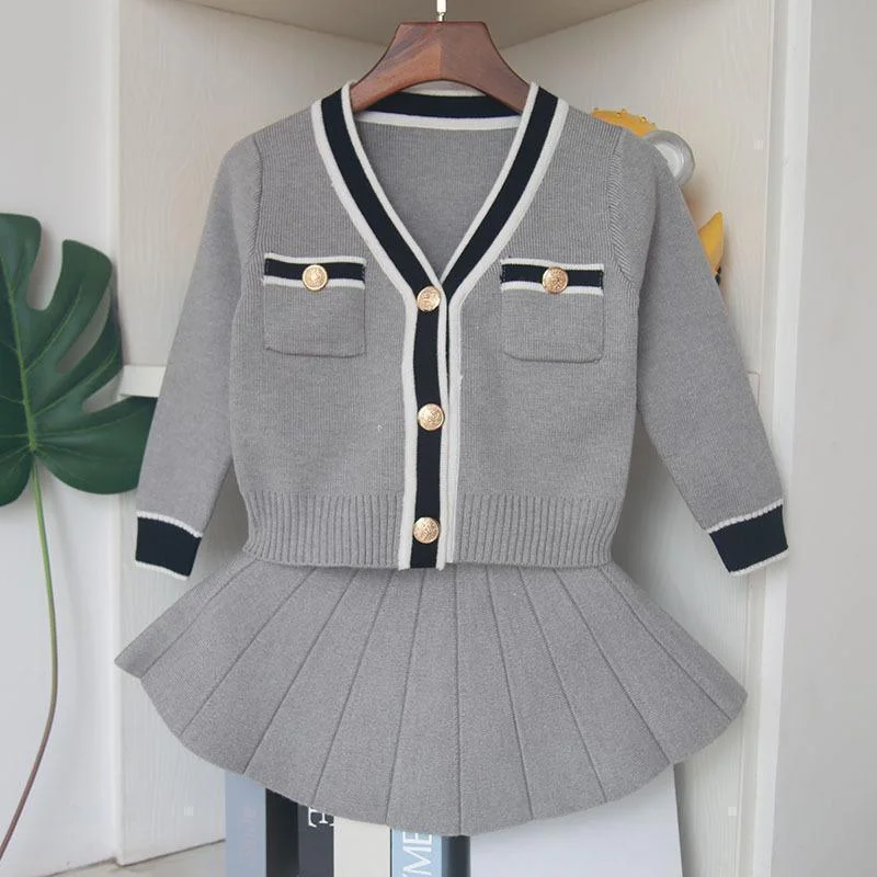 Colorblock Skirts-Women's Sequin Pleated Skirts-Kids Skirt Suit Girls Cardigan With Skirt Cothing Set