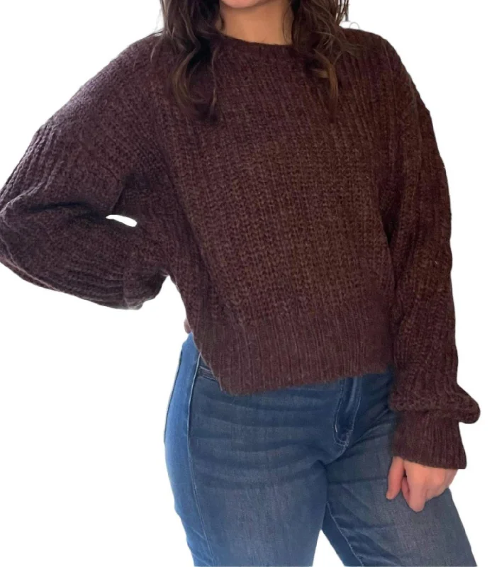 Pullover Sweater with Colorful Design-Women's Knit Pullovers-Solid Ribbed Knit Drop Shoulder Sweater In Chocolate Brown