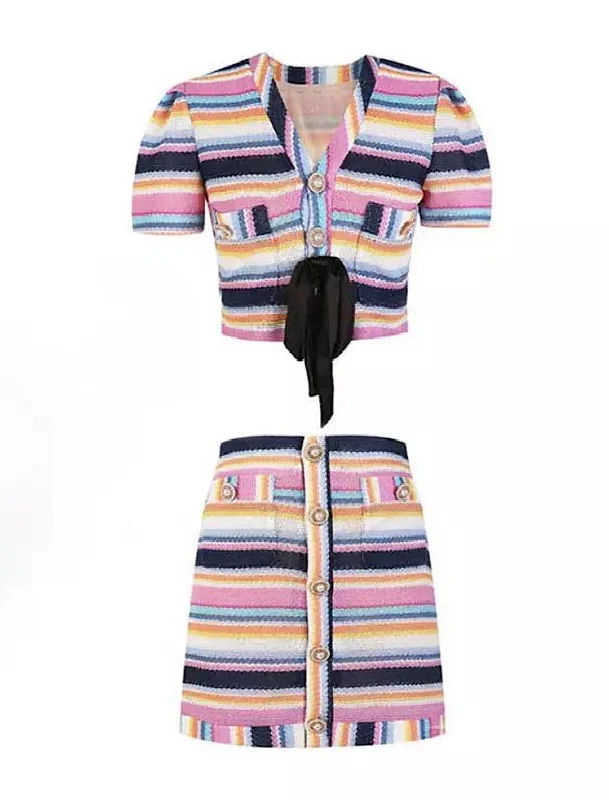 Women's Fringe Skirts-Multi Color Striped Jacket Skirt Knit Set