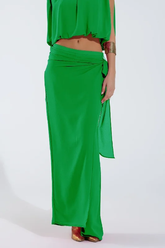 Soft Pleated Skirts-Women's Low-Waisted Pencil Skirts-Wide Green Pants Overlay Skirt Tied at the Side