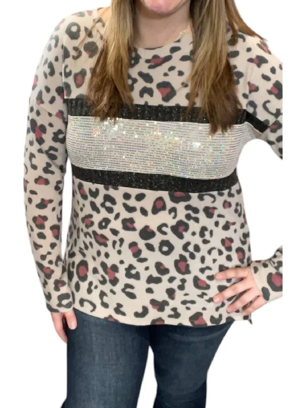 Pullover Sweater for Casual Days-Women's High-Waisted A-Line Pullovers-Leopard With Sequin Sweater In Taupe