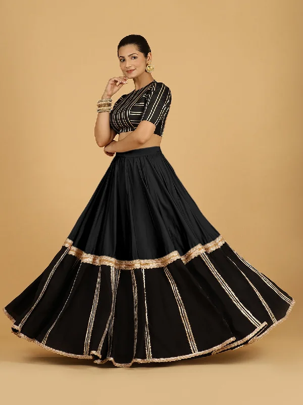 Comfortable Casual Wool Skirts-Women's Layered Skirts-Mastani x Tyohaar | Raven Black Panelled Lehenga Skirt