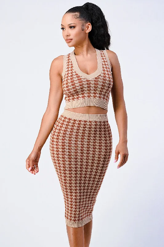 Bodycon Skirts-Women's Zip-Up Skirts-Chestnut Houndstooth Knit Top & Skirt Set