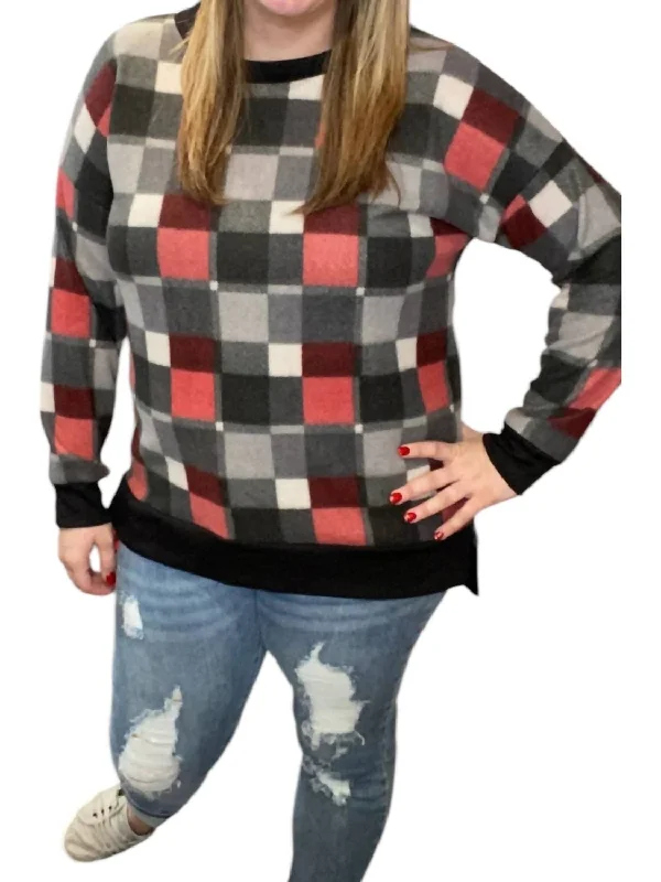 Pullover Sweater for Layering in Fall-Women's Zip-Up Denim Pullovers-Plaid Sweater In Red/grey