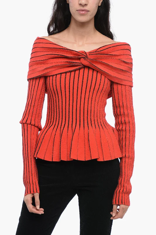 Pullover Sweater for Comfortable Layering-Women's Relaxed Fit Pullovers-Balmain Knotted Detail Off-Shoulder Sweater