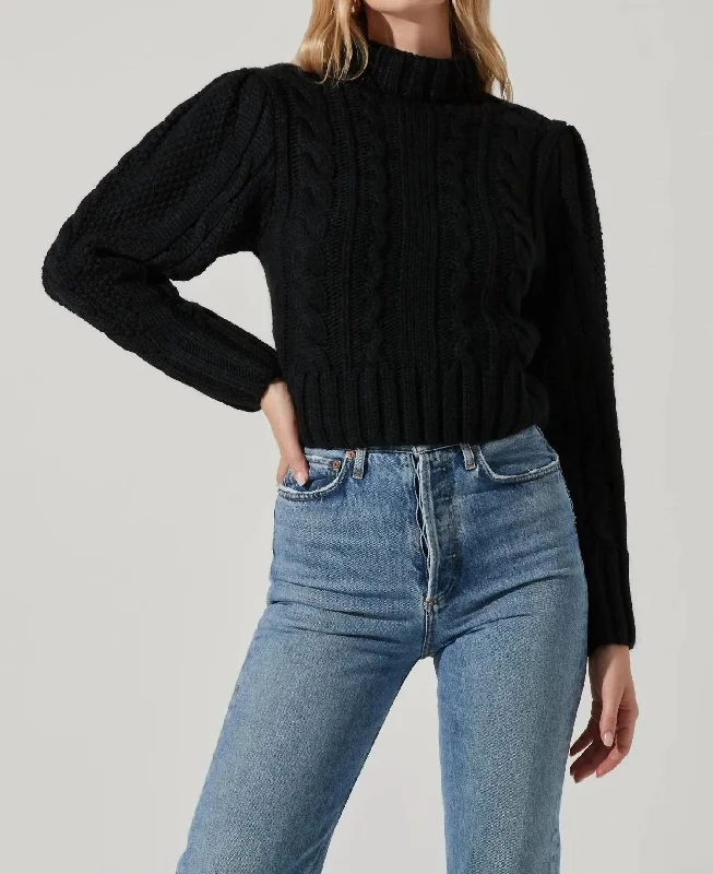 Pullover Sweater with Button-up Design-Women's Zip-Up Pencil Pullovers-Haisley Cable Knit Turtleneck Sweater In Black