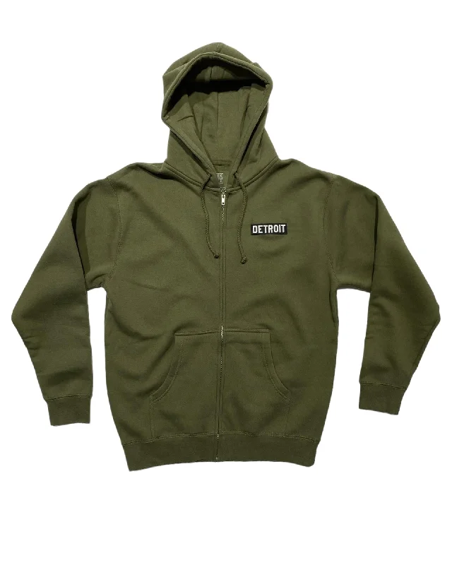 Hoodie for Busy Everyday Wear-Women's Ruffle Sleeve Hoodies-Ink Detroit Full Zip Premium Heavyweight Hoodie - Military Green