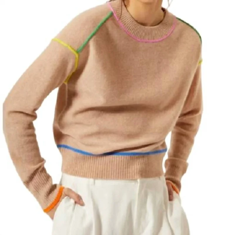 Pull-over Sweater for Cozy Nights-Women's Crew Neck Pullovers-Crew With Multi Color Seams Top In Cappuccino Brights