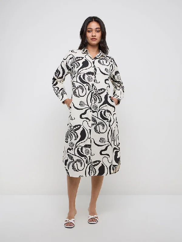 Gia Off-White Botanical Printed Cotton Blend Shirt Dress