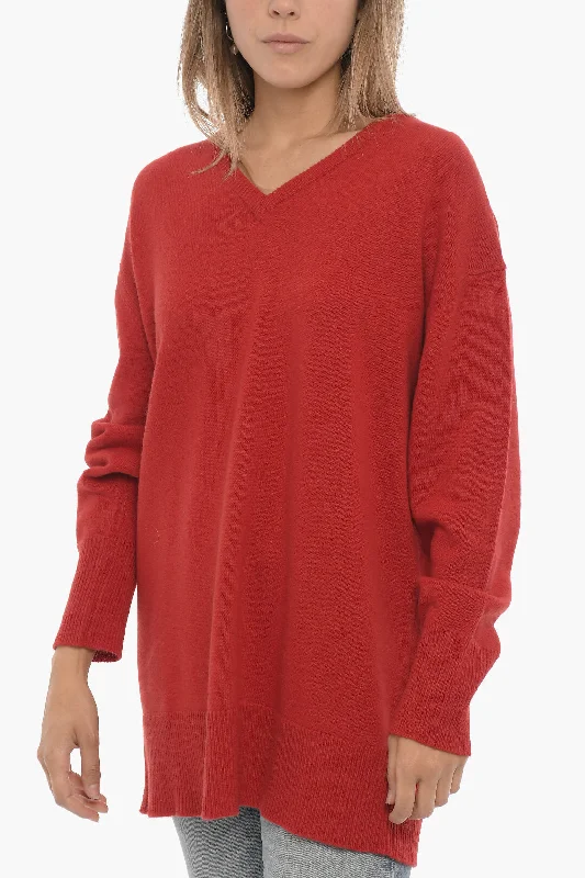 Pullover Sweater with Cable Design-Women's Zip-Up Pleated Pullovers-Aspesi V-Neck Solid Color Wool Sweater