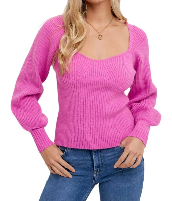 Pullover Sweater for Comfort and Style-Women's Insulated Floral Pullovers-Sweetheart Neck Sweater In Hot Pink