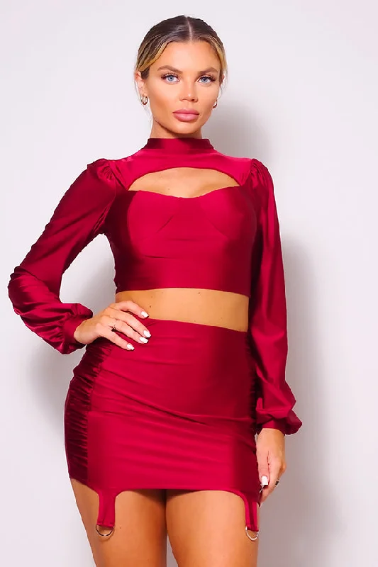 Smart Skirts-Women's Faux Suede Skirts-Wine Long Sleeve Cutout Crop Top & Mini Skirt Set