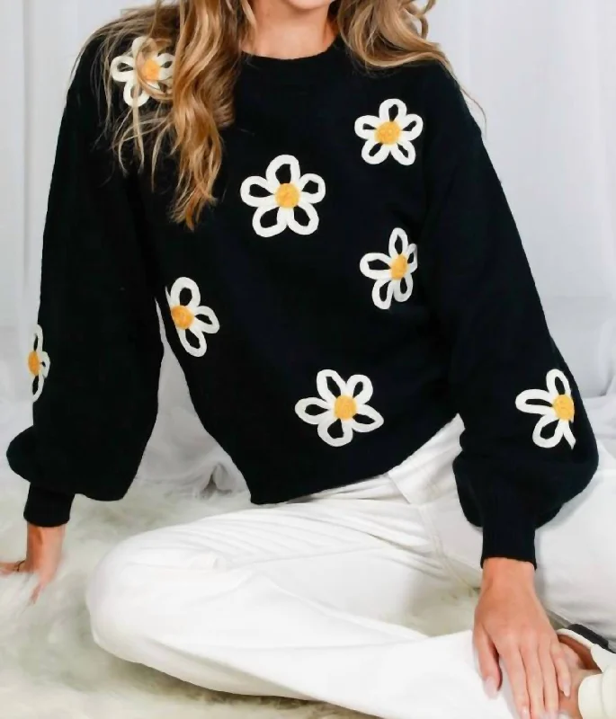 Breathable Pullover Sweater-Women's Sequin Pleated Pullovers-Crew Neck Balloon Sleeve Floral Embroidered Sweater In Black