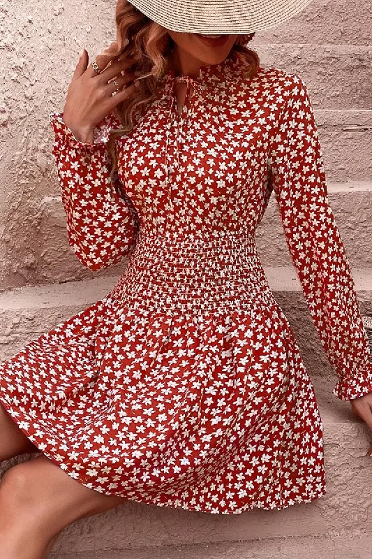 FLORAL SLEEVE SLIM WAIST DRESS