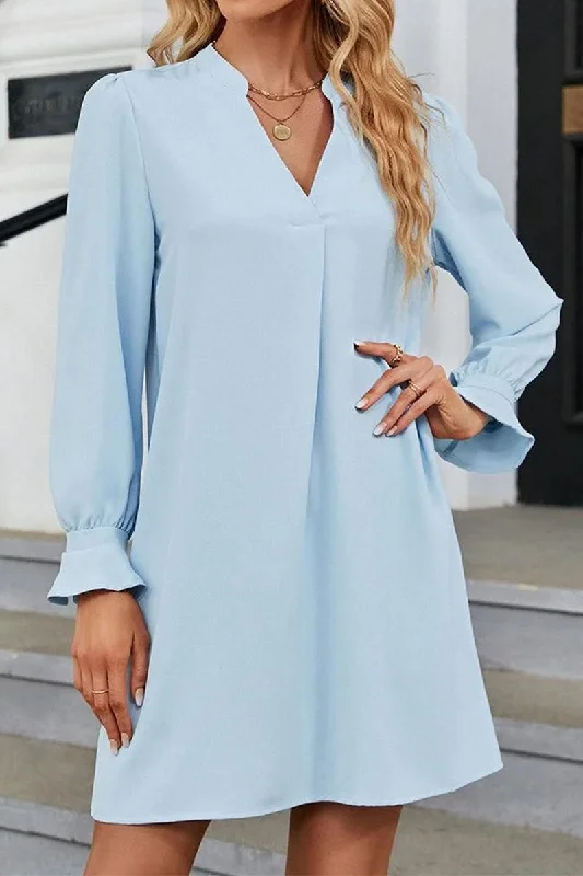 WOMEN FRILLED LONG SLEEVE V NECK SOLID DRESS