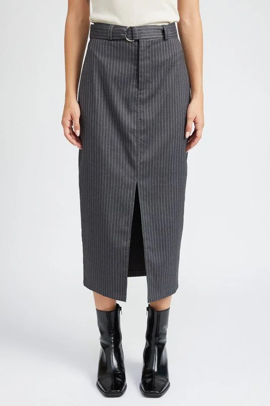 Wool Blend Skirts-Women's Metallic Ruffle Skirts-PINSTRIPE MIDI SKIRT WITH SLIT