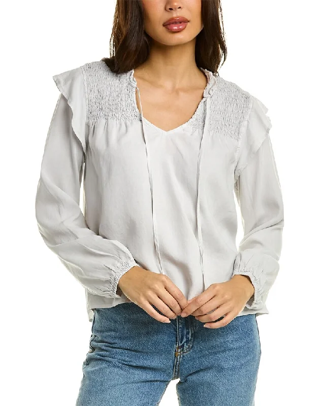 Warm Casual Pullover Sweater-Women's Ribbed Floral Pullovers-Bella Dahl Smocked Ruffle Pullover